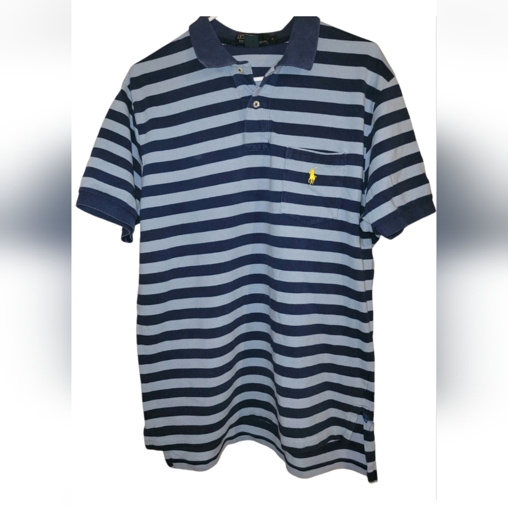 Vintage Polo Ralph Lauren Knit Shirt Mens Large Blue Striped Yellow Pony 90s